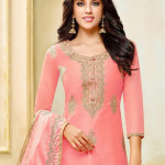 Peach-coloured and gold-toned embroidered unstitched dress material