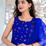 Blue and gold-toned embroidered semi-stitched dress material