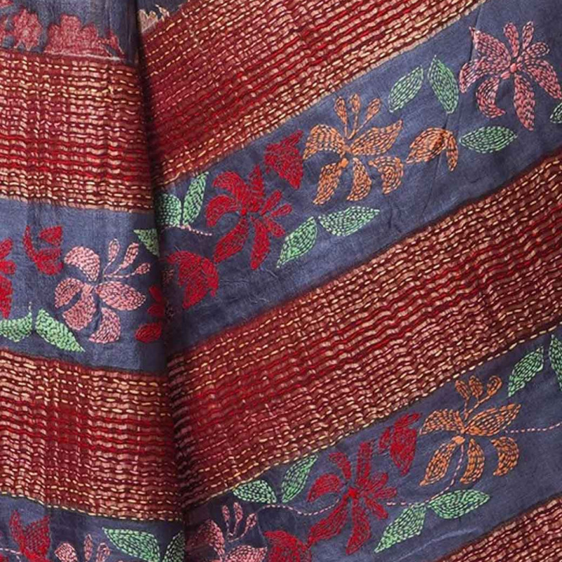 Maroon & Blue Woven Design Kantha Work Pure Silk Tussar Saree